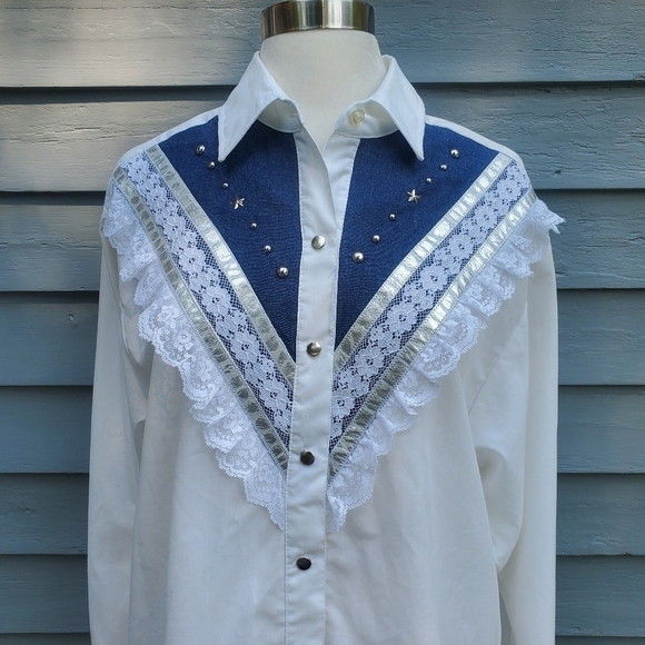Vintage 70s H Bar C Western Boho White Denim Lace Studded Snap Down Shirt Lg - Picture 6 of 7